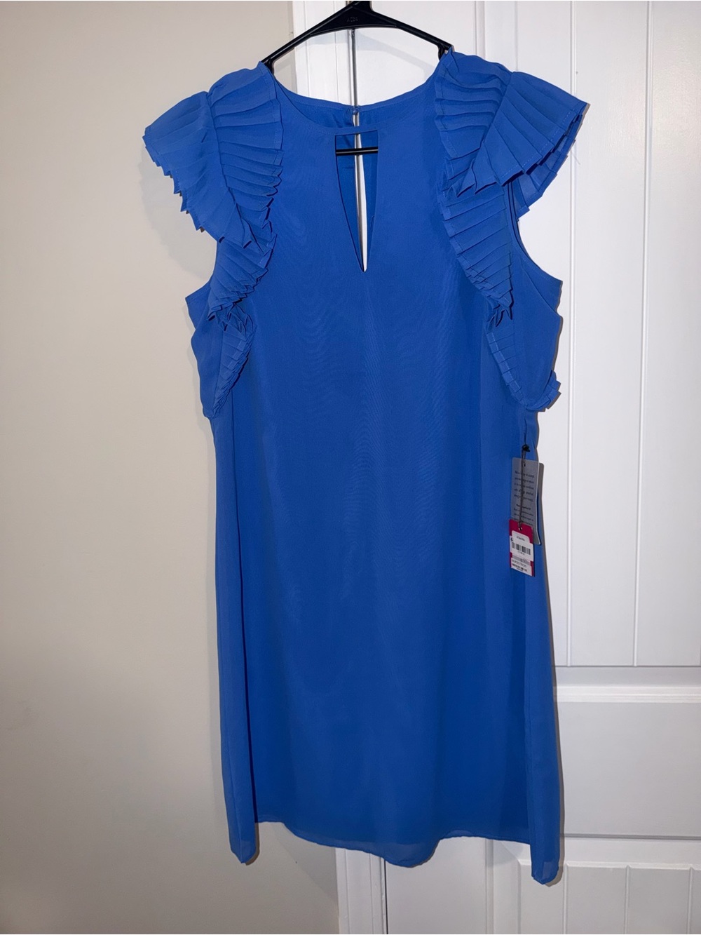 NWT Vince Camuto Royal Blue Chiffon Pleated Ruffle Sleeve Shift Dress Size 0